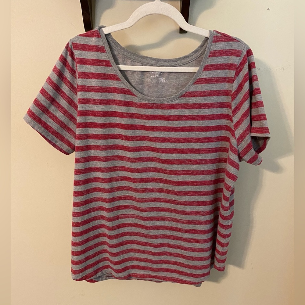 Lane Bryant Gray and Red Striped Short Sleeve Tee